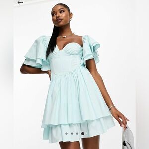 ASOS LUXE one-shoulder cotton dress with corset detail and ruffles in blue